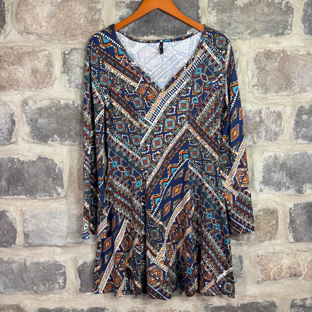 Bebop Women's Large Geometric Print V‎ Neck Long Sleeve Flared Dress Mini Retro